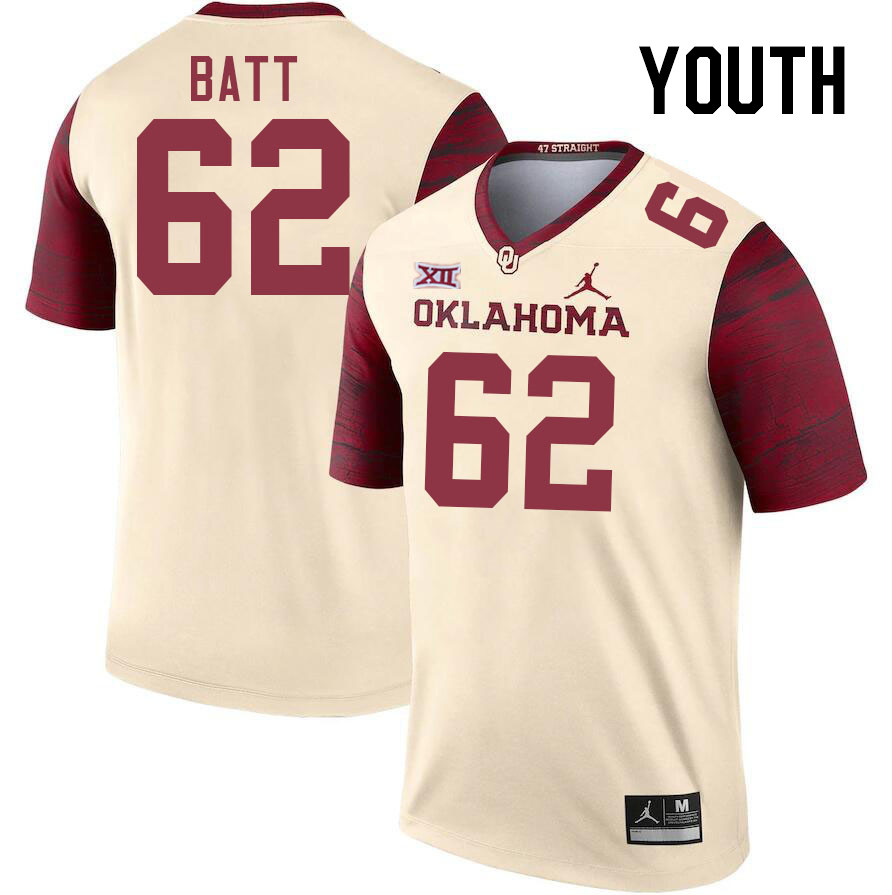 Youth #62 Drew Batt Oklahoma Sooners College Football Jerseys Stitched Sale-Cream